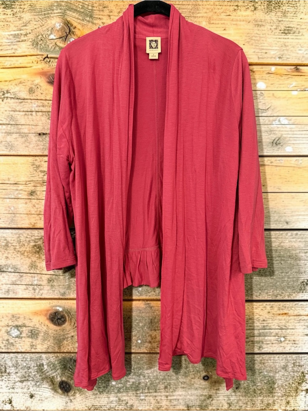 Anne Klein Open Front Cardigan L flamingo pink Ruffle Hem Jersey Knit